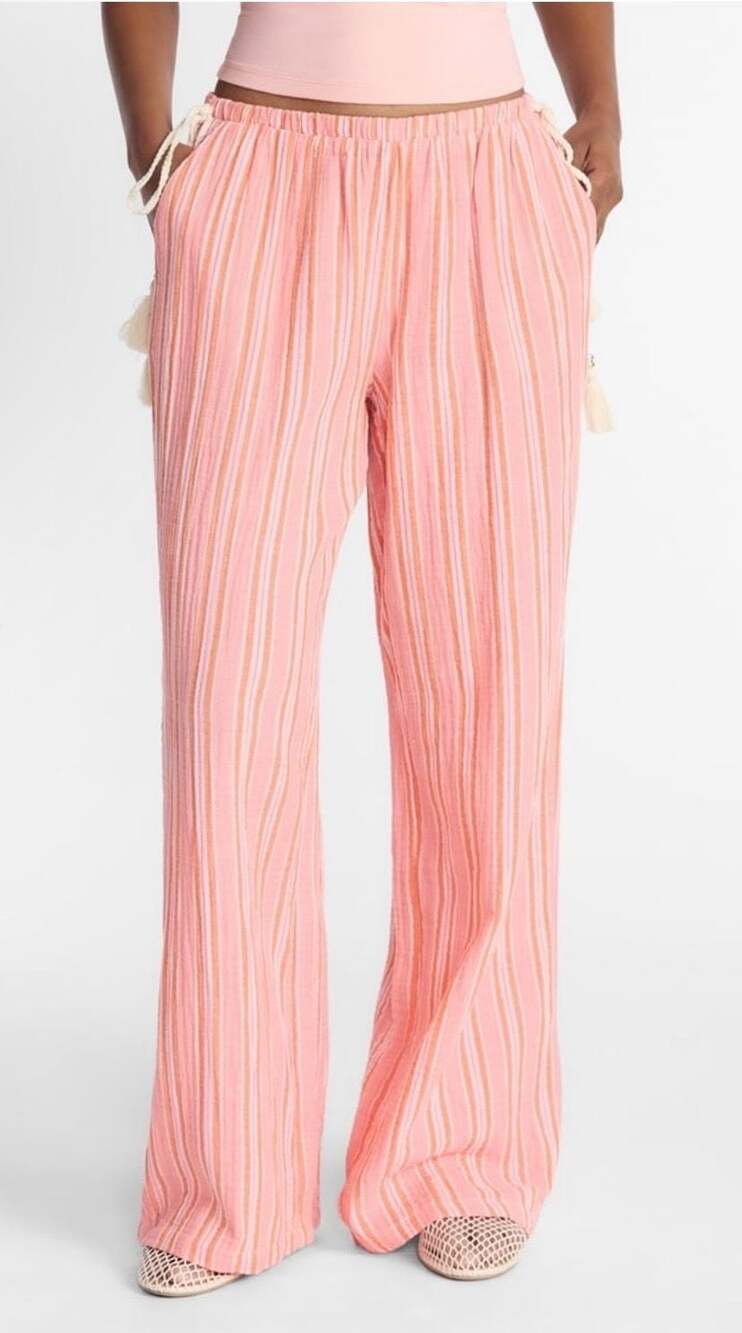 NWT No Boundaries Women's Cotton Gauze Side Tie Pants in Coral/Pink/White Stripe - Picture 2 of 5